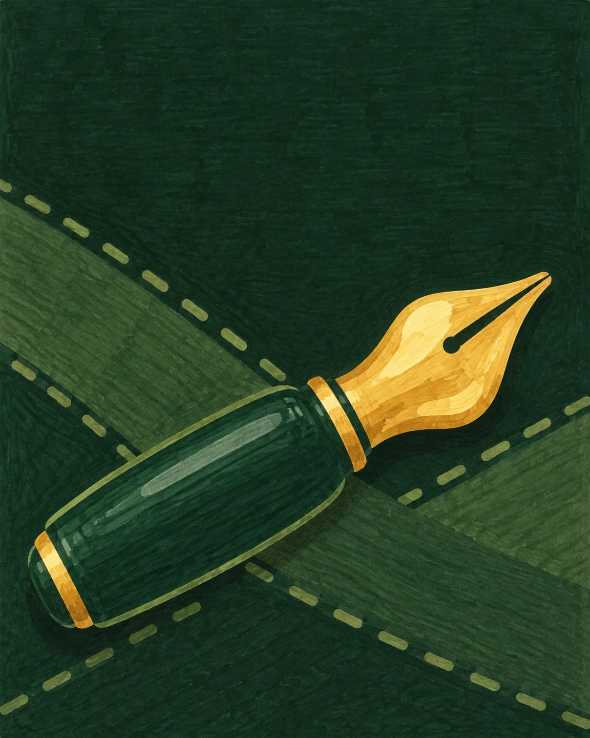 A hand-drawn marker illustration of a dark green fountain pen set diagonally across a deep green, stitched-looking background, with a large golden nib pointing…