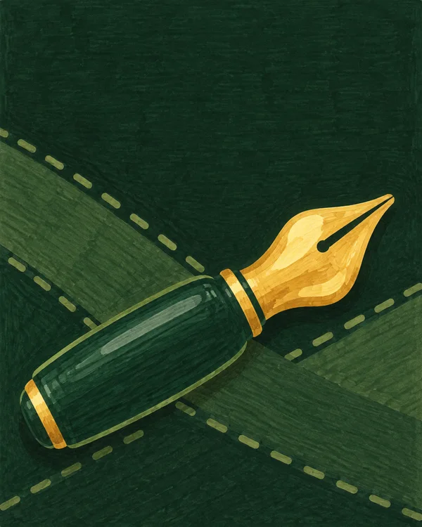 A hand-drawn marker illustration of a dark green fountain pen set diagonally across a deep green, stitched-looking background, with a large golden nib pointing…