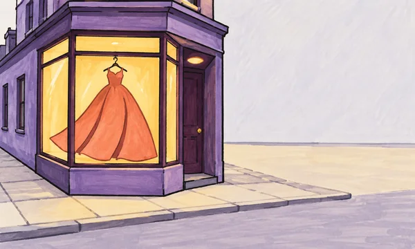 A hand-drawn illustration of a lavender corner dress boutique, with a coral gown displayed in a warmly lit wraparound window and pale open pavement to the…