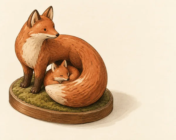 A large orange fox stands over a smaller curled cub on a moss-covered oval wooden base, its oversized tail curving around the cub on a cream surface.