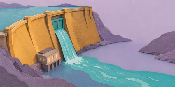 A textured cut-paper-style ochre hydroelectric dam with a teal spillway releases water into a broad turquoise channel; a small powerhouse sits at its base…