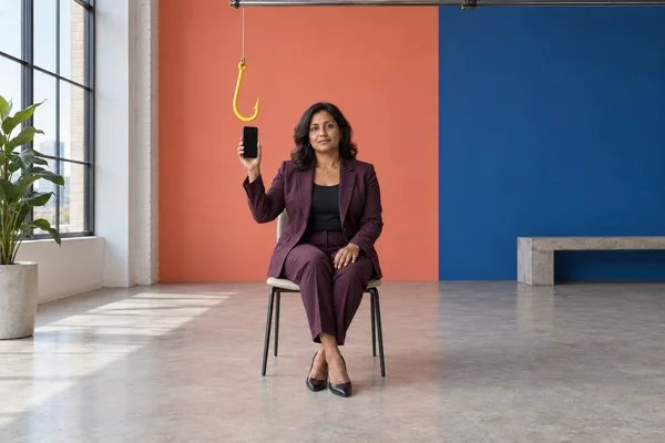 A woman in a plum trouser suit sits facing the camera in a bright studio, holding a black smartphone upright as a large yellow hook hangs above it.