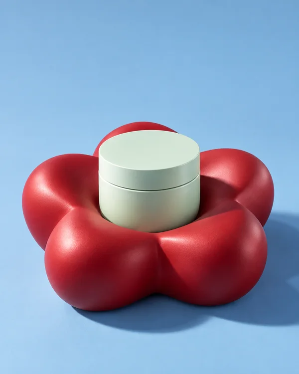 A closed pale mint skincare jar sits in the center of a crimson five-lobed flower-shaped display on a blue seamless floor and backdrop, lit with strong studio…