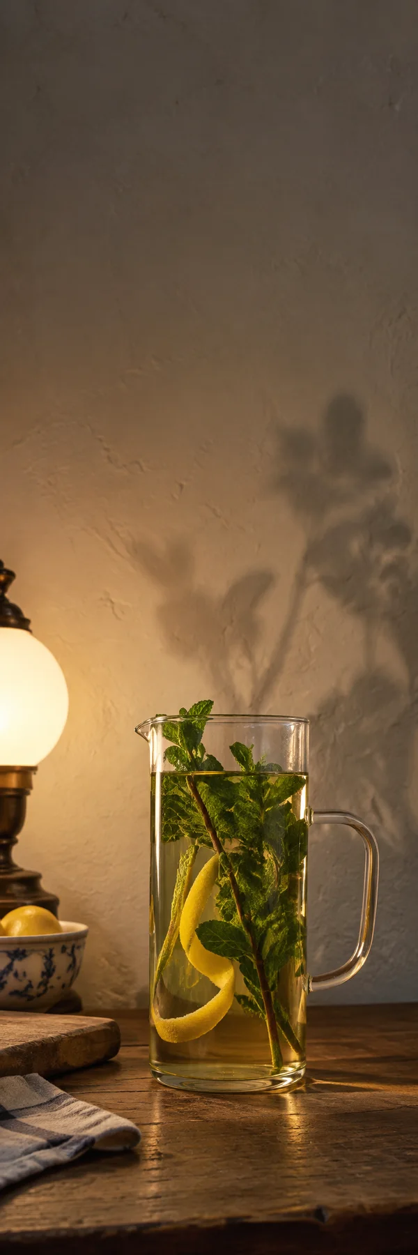A clear handled glass vessel filled with golden liquid, mint sprigs and a long strip of lemon peel sits on a worn wooden counter.