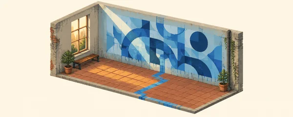 An isometric open-front art passage has a large blue abstract mural across its pale wall, a blue trail bending over terracotta floor tiles, and warm sunlight…