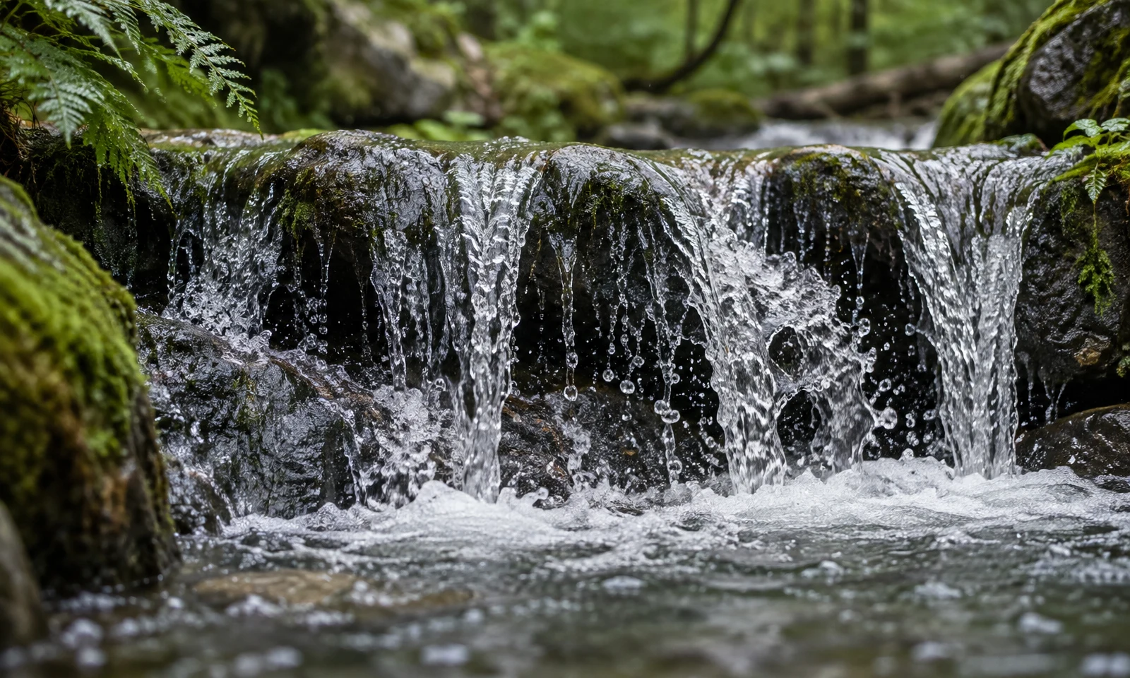 A small stream spills over a dark, moss-covered stone ledge into a rippling pool, with fern fronds at the edges and blurred woodland behind.
