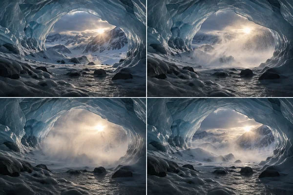 A four-panel sequence shows a blue ice cave framing snowy mountains as sunlight and drifting powder snow shift across the entrance.