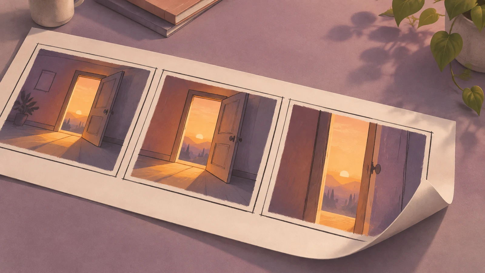 A wide ivory sheet lies diagonally on a dusty-lilac tabletop, showing three outlined illustrations of an open doorway at sunset; the sheet’s lower-right corner…