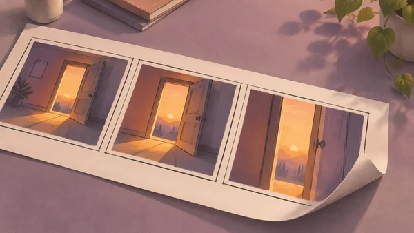A wide ivory sheet lies diagonally on a dusty-lilac tabletop, showing three outlined illustrations of an open doorway at sunset; the sheet’s lower-right corner…