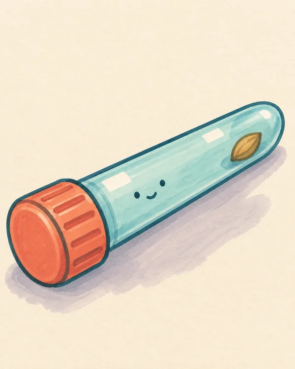 A hand-drawn marker illustration of a smiling, transparent aqua seed tube lying diagonally on a warm cream surface.