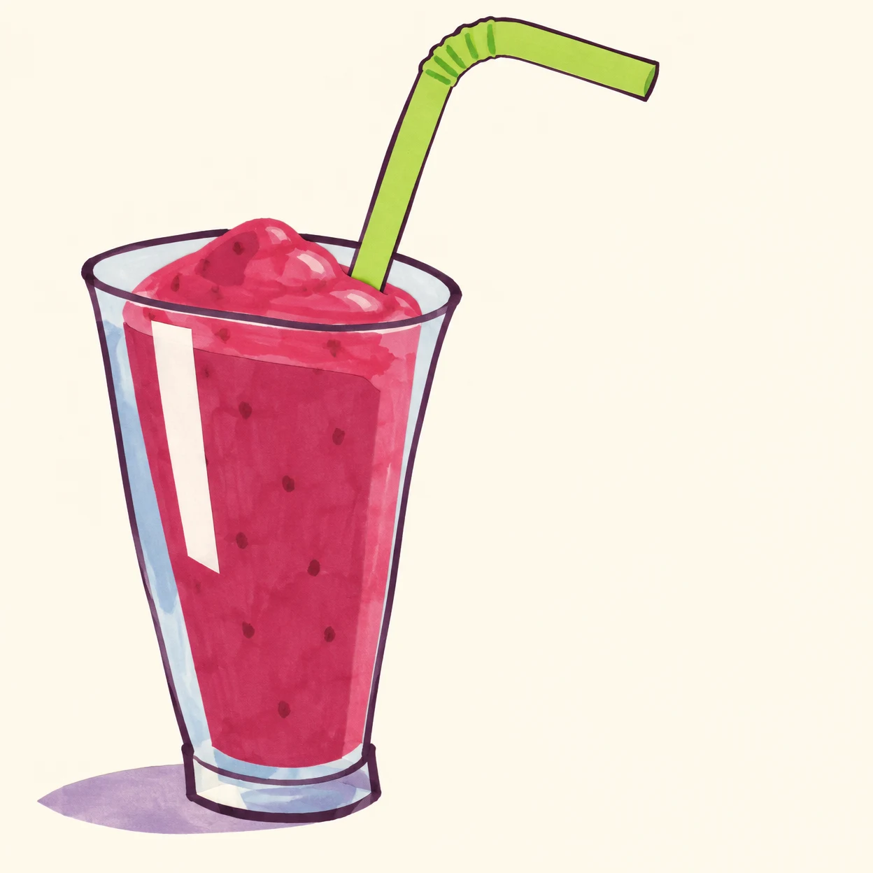 A tall clear tumbler of raspberry-pink smoothie with a rounded mound sits on a warm cream background.