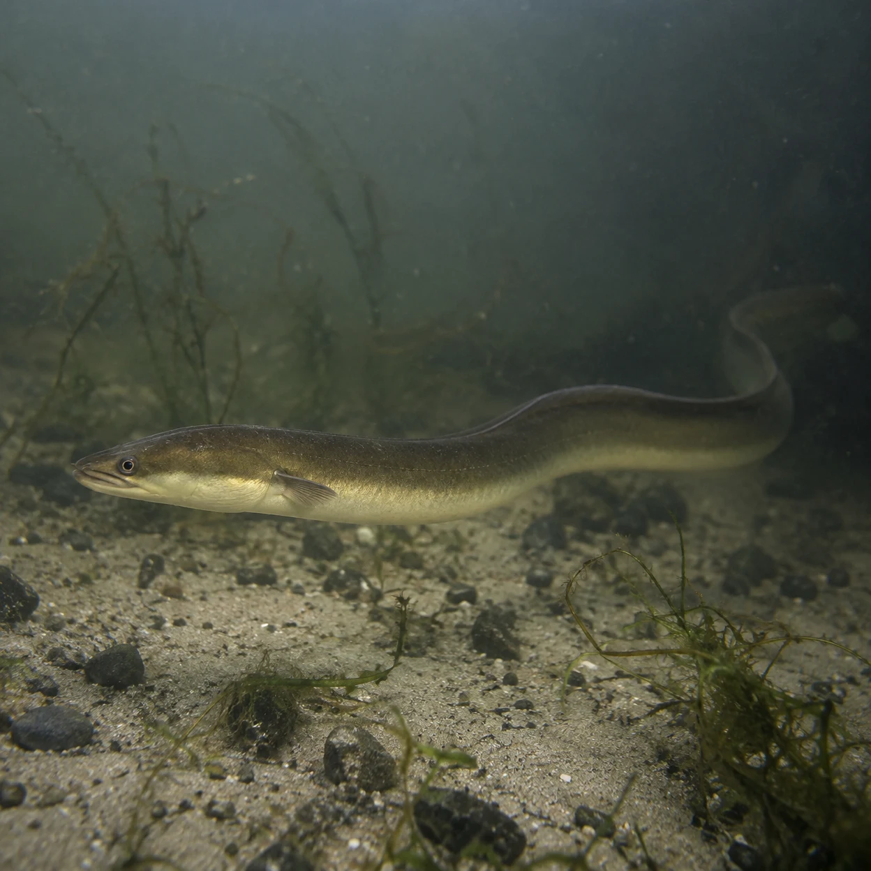 A European eel glides above a sandy, pebble-strewn riverbed, its olive-brown body curving through murky grey-green water among sparse aquatic plants.