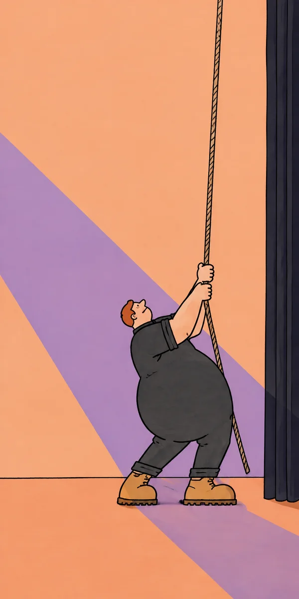 A red-haired stagehand in charcoal work clothes and ochre boots leans back while gripping a rope beside a dark curtain.