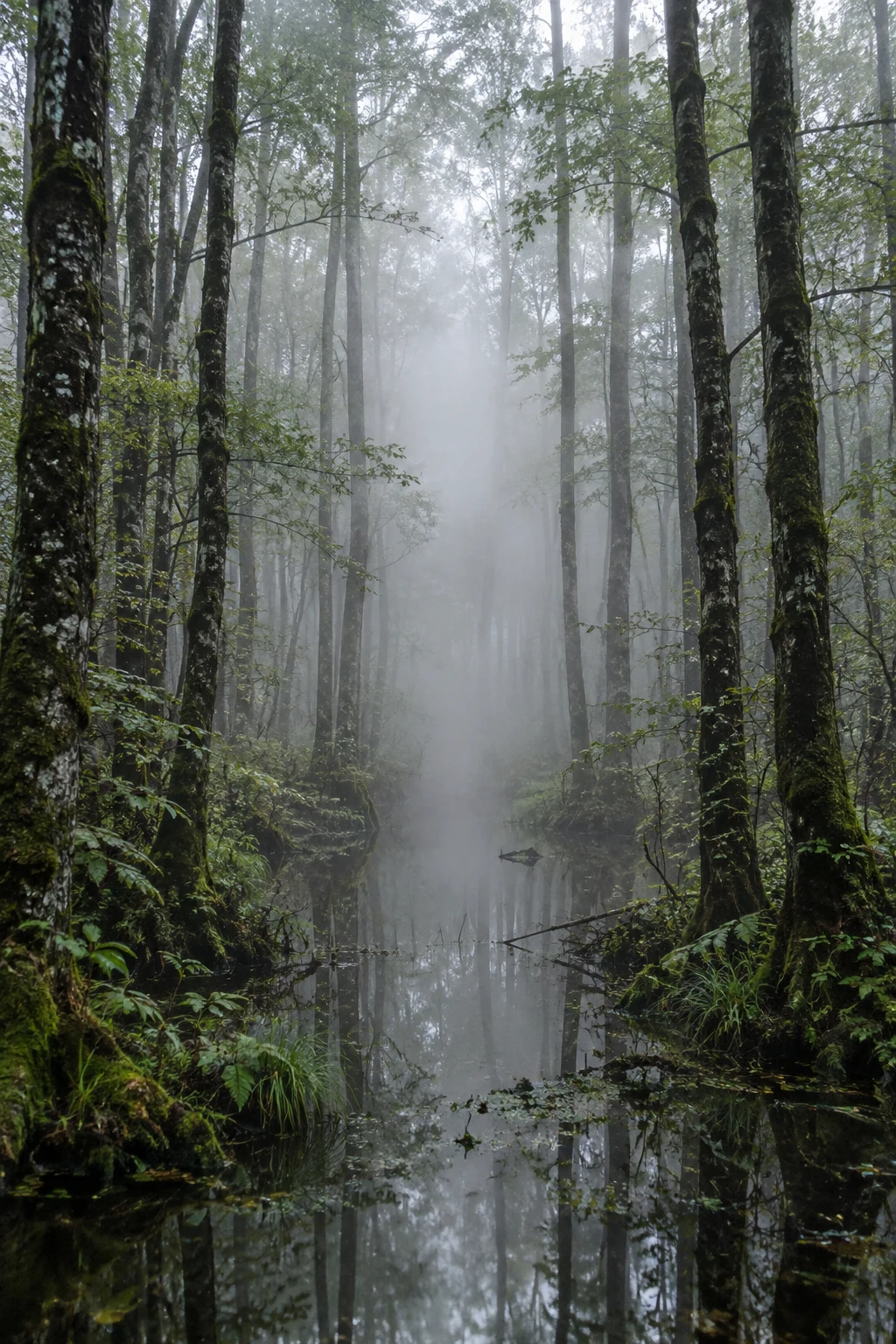 A dense column of pale mist rises through slender dark tree trunks above a still, reflective pool in a damp, green woodland.