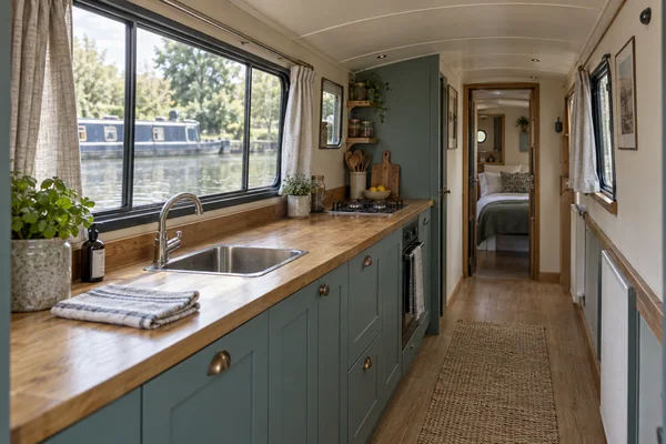 A narrow galley kitchen with muted teal cabinets, an oak worktop, stainless sink and gas hob, viewed toward an open doorway and bedroom.