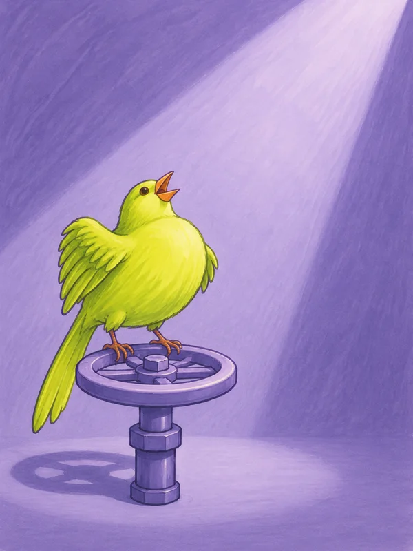 A chartreuse canary with a puffed chest and open orange beak stands on a lilac water-valve handwheel mounted on a short pipe.