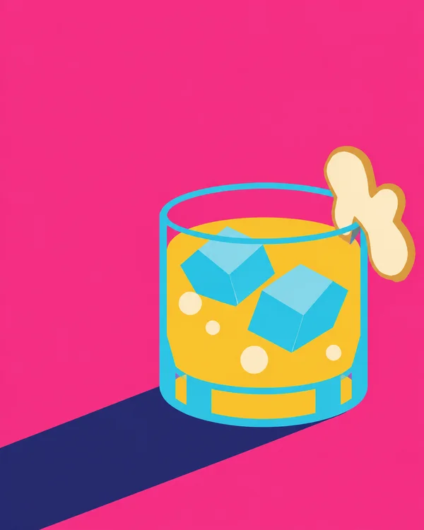 A chunky cyan-outlined tumbler filled with golden-yellow liquid, two cyan ice cubes and four cream circles sits against a hot-pink background.