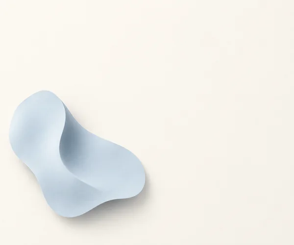 A pale powder-blue, softly curled abstract form with a broad concave fold sits in the lower-left area of a warm ivory field, with open space above and to the…