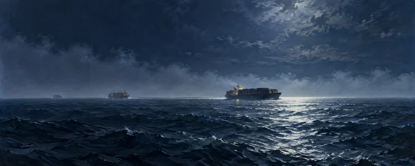 A large container ship with amber lights crosses a moonlit ocean just right of center, with two smaller vessels receding to the left along a hazy horizon…