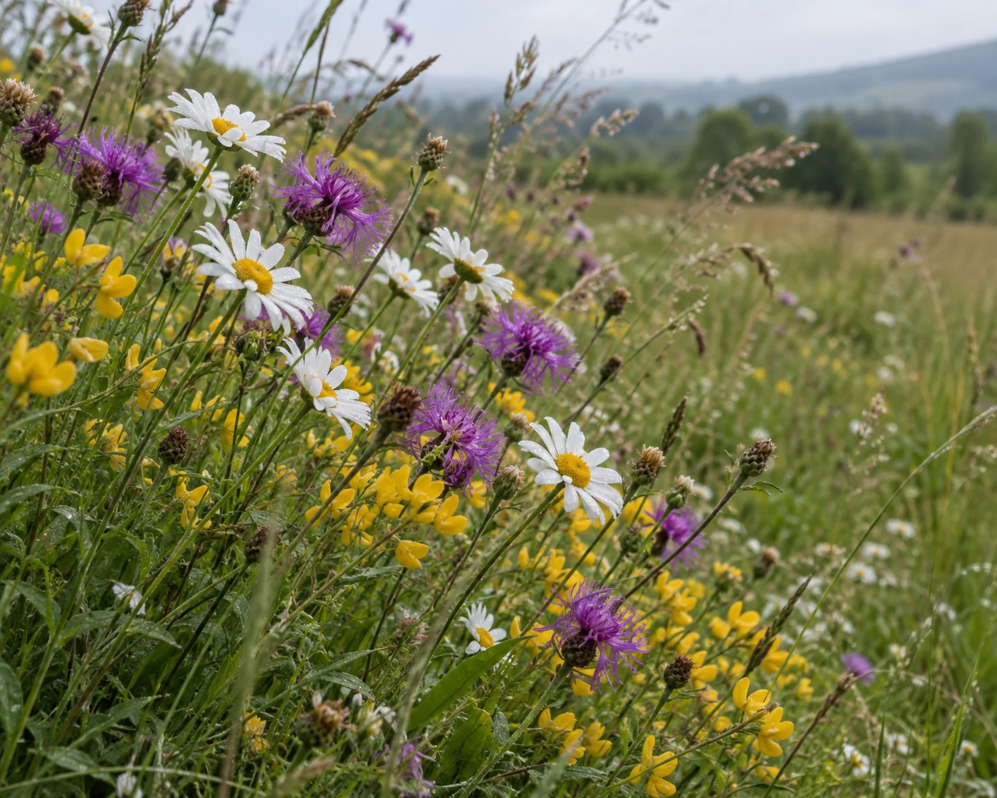 A dense patch of white daisies, purple knapweed and yellow flowers fills the foreground of a grassy meadow, with soft hills blurred in the distance and open…