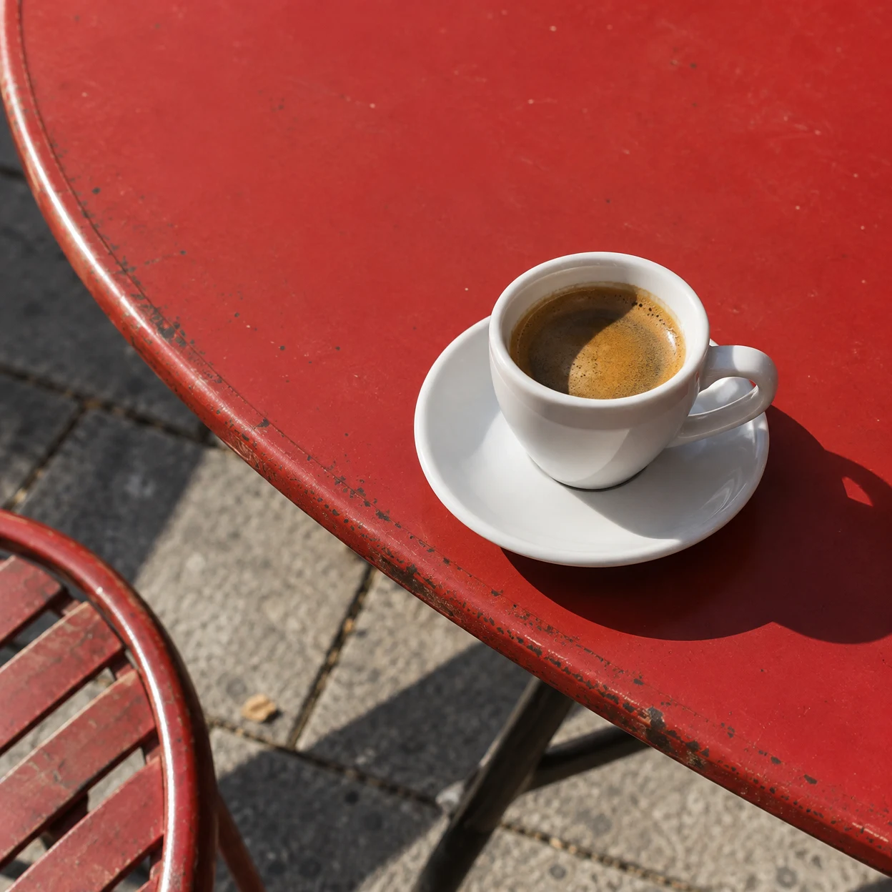 A small white espresso cup and saucer sit near the curved edge of a worn red metal café table, with grey pavement and part of an empty red chair visible below.