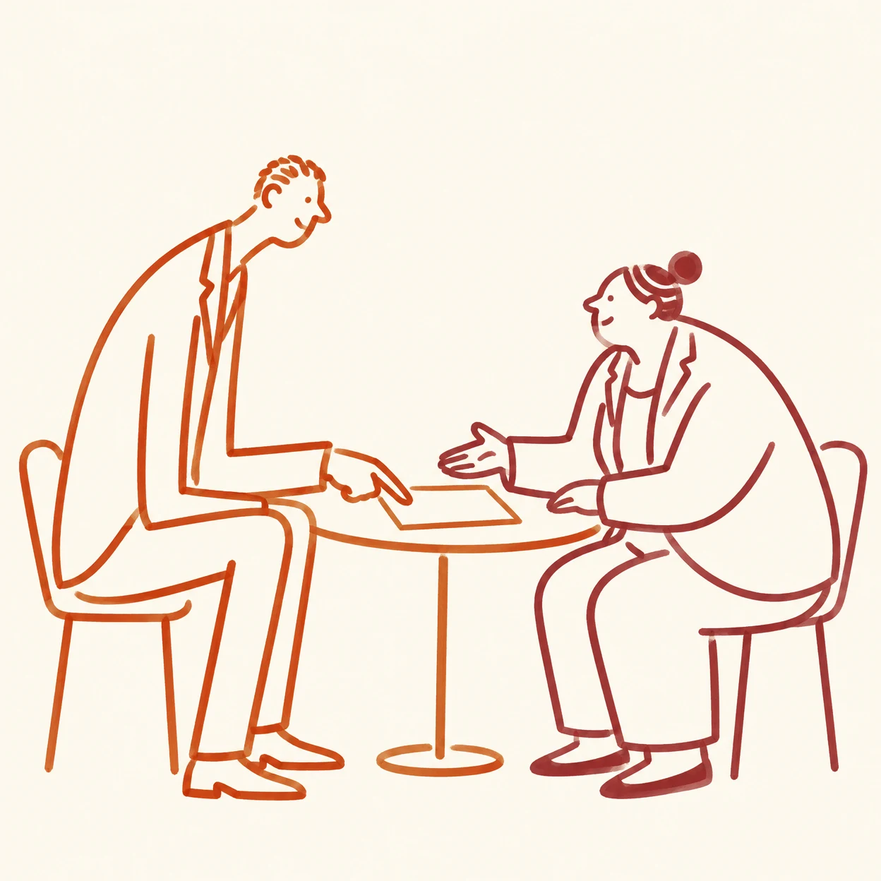 A tall, slim person and a shorter, broad-shouldered person sit across a small pedestal café table, gesturing toward a blank sheet between them.