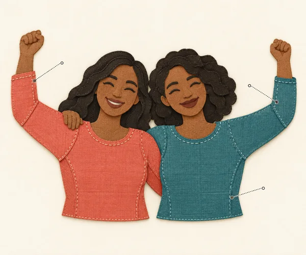 Two smiling women in coral and teal woven-fabric tops stand shoulder to shoulder with their outer arms raised.