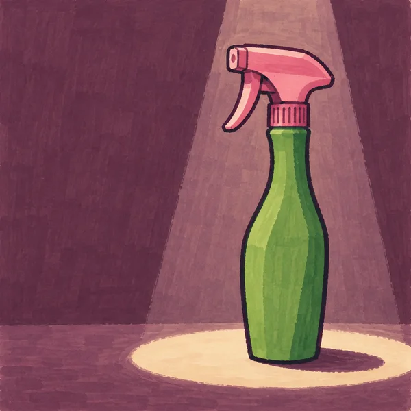 A hand-drawn green cleaning spray bottle with a broad pink trigger head stands in a cream spotlight against a muted plum backdrop, casting a short plum shadow…