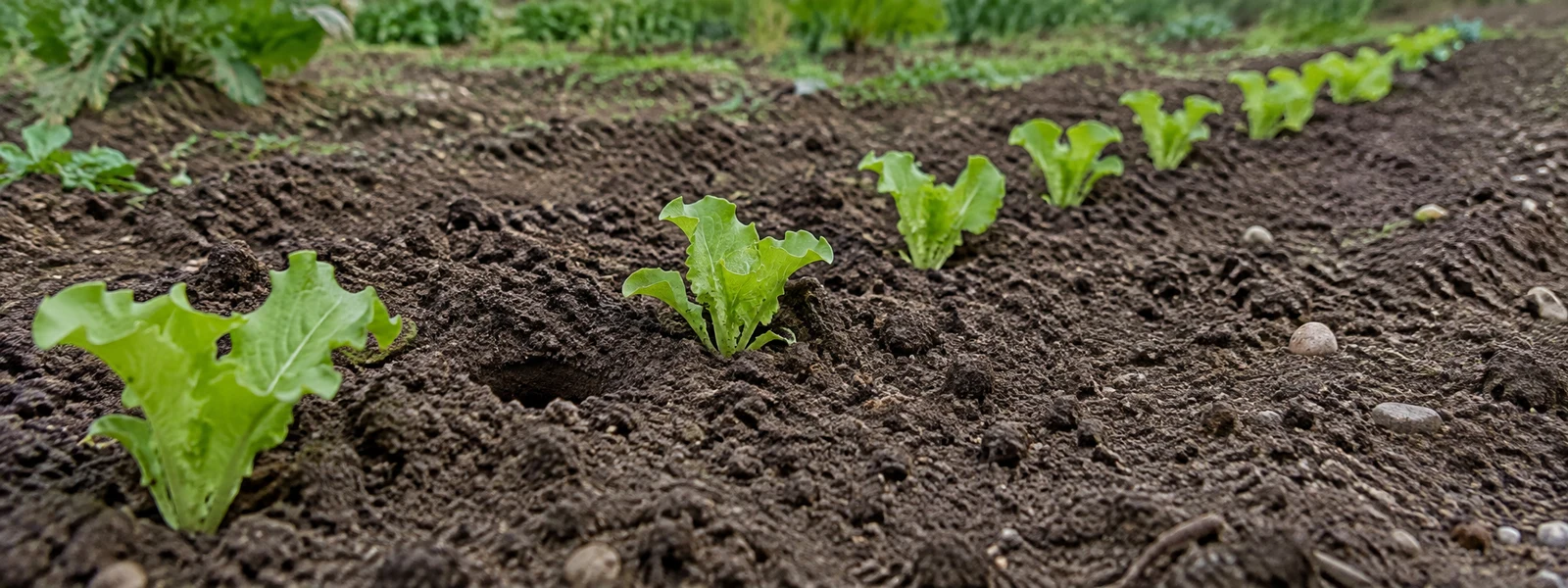 A diagonal row of young lettuce seedlings recedes across dark, freshly turned soil, with a bare patch of earth between plants and small stones scattered around…
