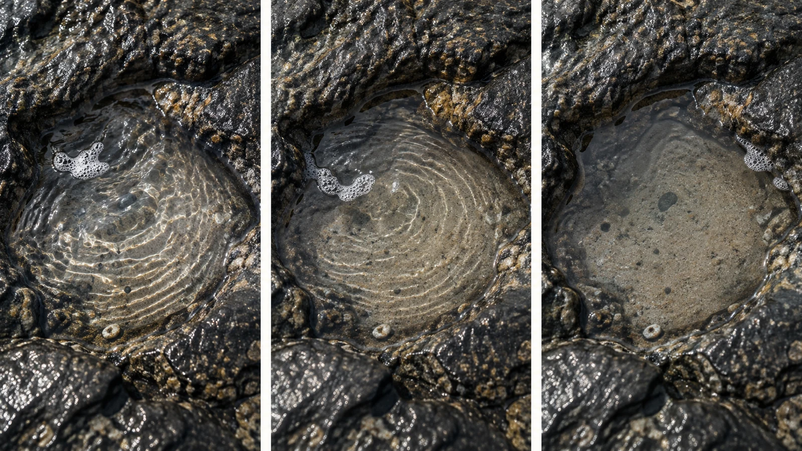 A three-panel overhead sequence shows a shallow tide pool in dark coastal rock, with ripples and a small foam patch shifting toward the pool’s rim as the water…