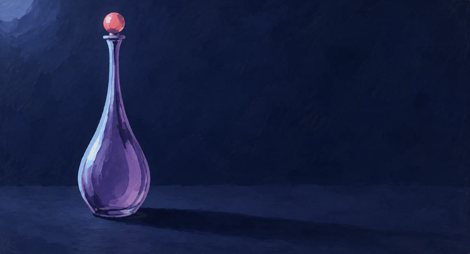 A tall lilac-violet pear-shaped perfume bottle with an extremely long neck and coral spherical stopper stands on a dark blue surface, casting a long shadow to…