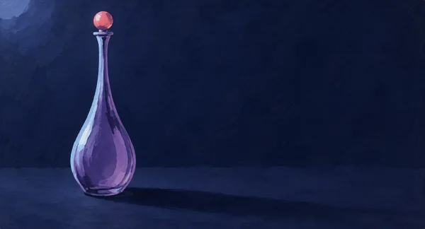 A tall lilac-violet pear-shaped perfume bottle with an extremely long neck and coral spherical stopper stands on a dark blue surface, casting a long shadow to…