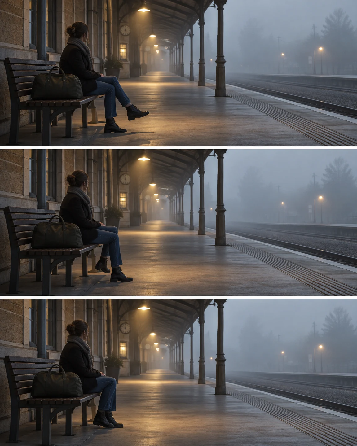 Three stacked views of a passenger seated on a bench beside a travel bag on a foggy railway platform, with the passenger’s foot in a different position in each…