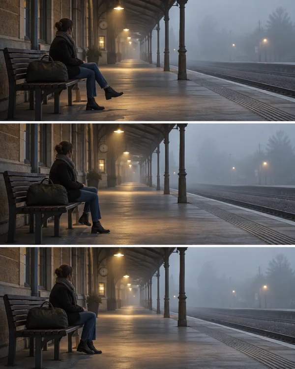Three stacked views of a passenger seated on a bench beside a travel bag on a foggy railway platform, with the passenger’s foot in a different position in each…