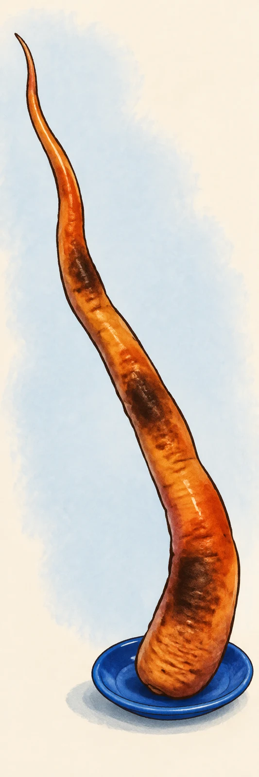 A long, crooked roasted carrot rises from a small cobalt-blue oval plate, curling toward the upper left against a pale-blue wash on an ivory background.