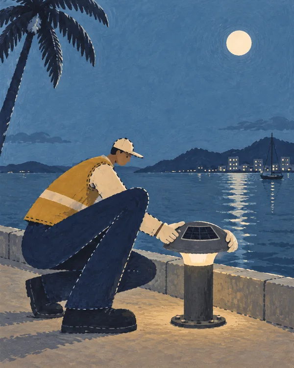 A crouching worker in an ochre vest fits a solar-panel cap onto a short dock light beside a stone seawall.