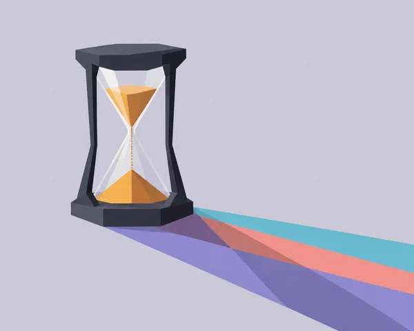 A dark angular hourglass with amber sand stands left of center on a pale lilac-gray surface.