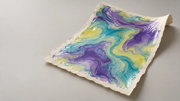 A diagonally placed sheet of ivory deckle-edged paper on a warm-gray surface, coated across most of its face with a glossy violet, turquoise and yellow marbled…