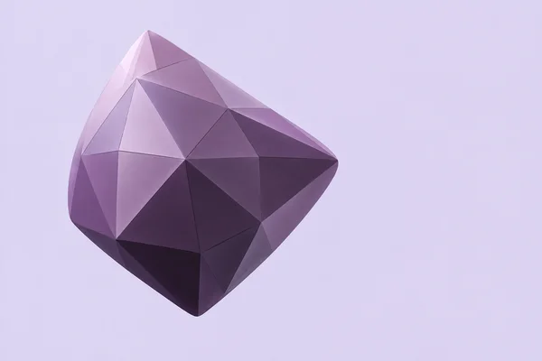 A large asymmetrical purple faceted volume floats left of centre against a pale lavender background, with triangular planes and a pointed lower tip.