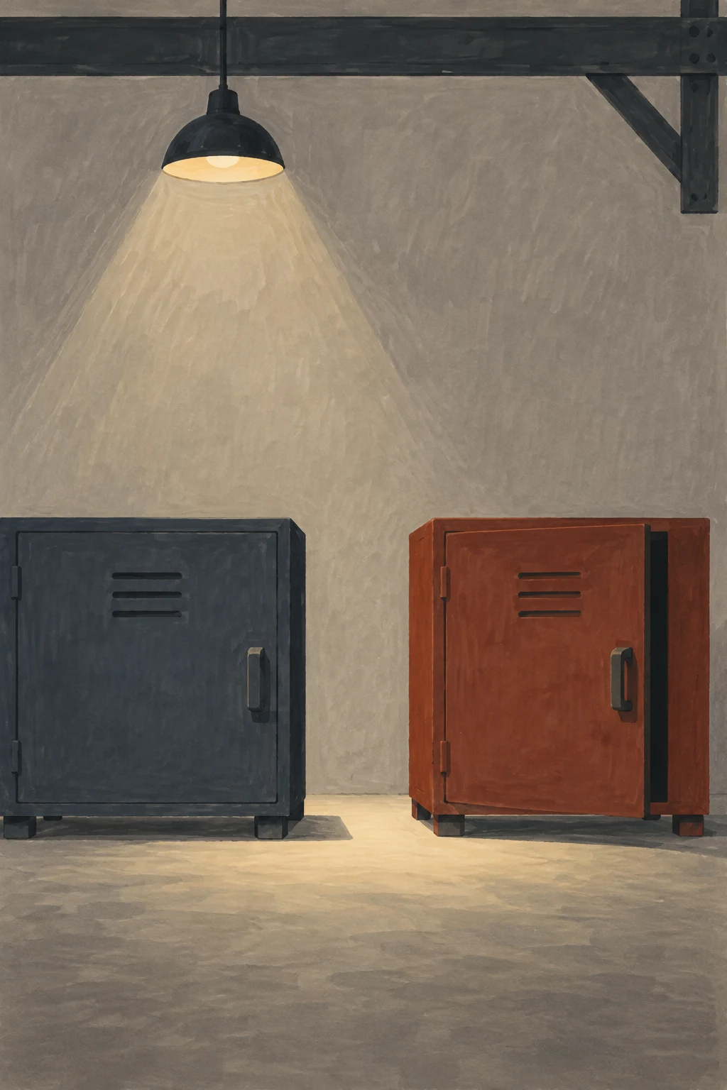 Two wide steel lockers, one charcoal blue and one rust coloured with its door ajar, stand on small feet beneath a hanging lamp in a bare industrial room.
