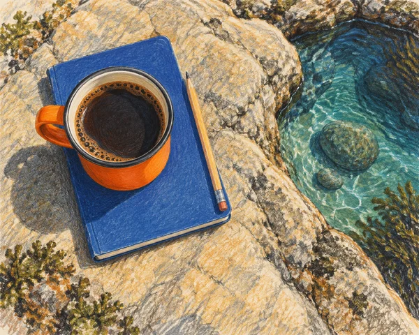 A colored-pencil overhead illustration of an orange mug of dark coffee resting on a blue closed notebook on a textured coastal rock, with a pencil beside it…