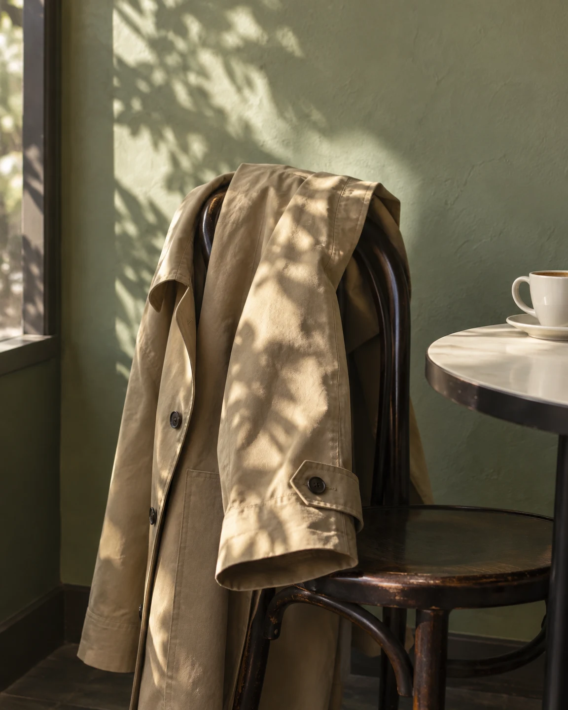 A sand-coloured trench coat hangs over a dark bentwood café chair, its foreground cuff prominent in dappled sunlight.