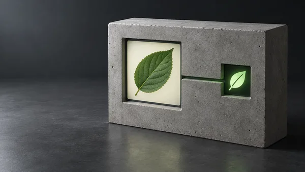 A freestanding pale-gray concrete device on a charcoal studio floor shows a photographic green leaf in a large inset display, connected by a recessed channel…