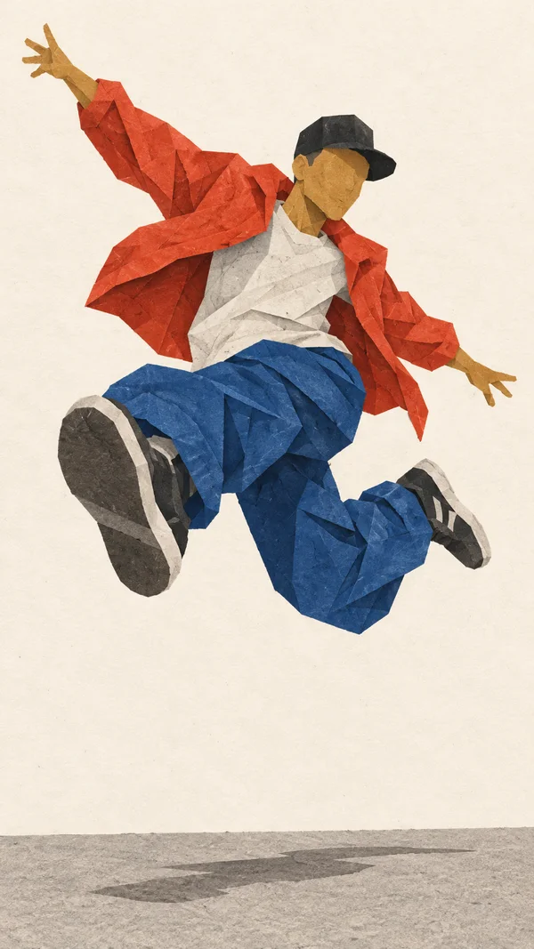 A paper-collage street dancer leaps against a warm ivory background, wearing a vermilion jacket, white shirt, cobalt trousers, charcoal sneakers and a black…