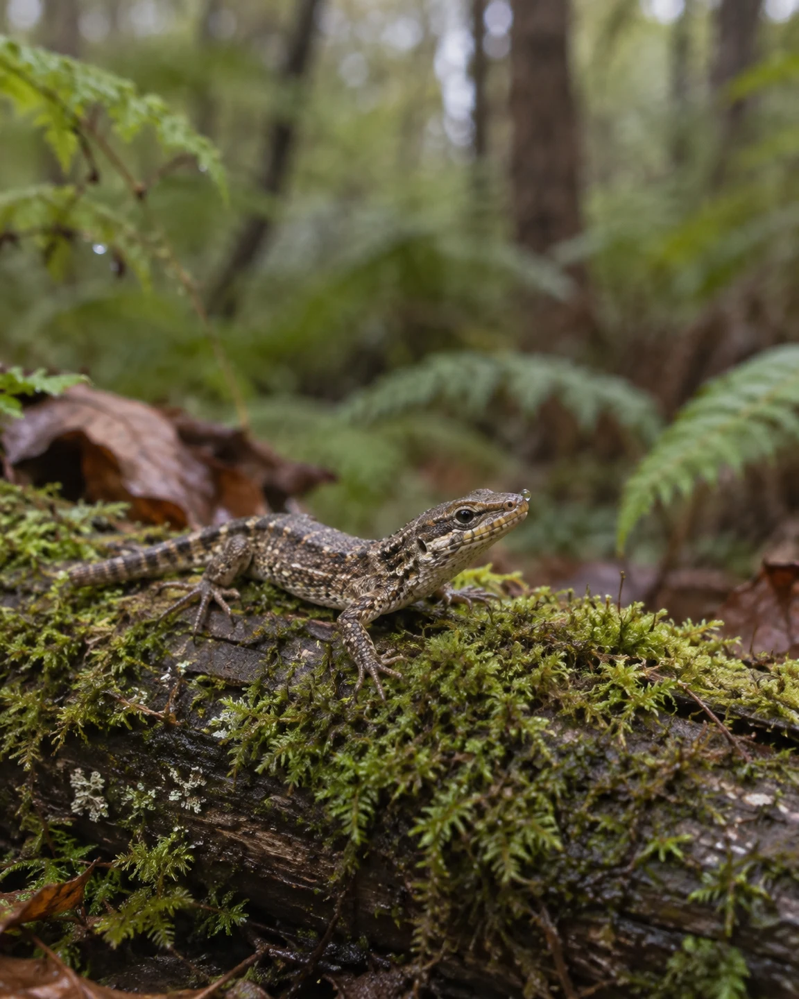 A mottled brown-grey lizard rests on a moss-covered fallen log in a damp woodland, with its head raised and a small droplet near its snout; ferns and tree…