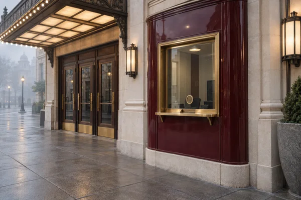 A brass-framed ticket window set into a glossy burgundy surround on a pale-stone theatre frontage, beside closed entrance doors and a wet pavement under a lit…