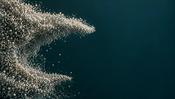 A dense, irregular formation of pale particles projects from the left into a deep petrol background, with a hollow between its upper and lower ledges and…