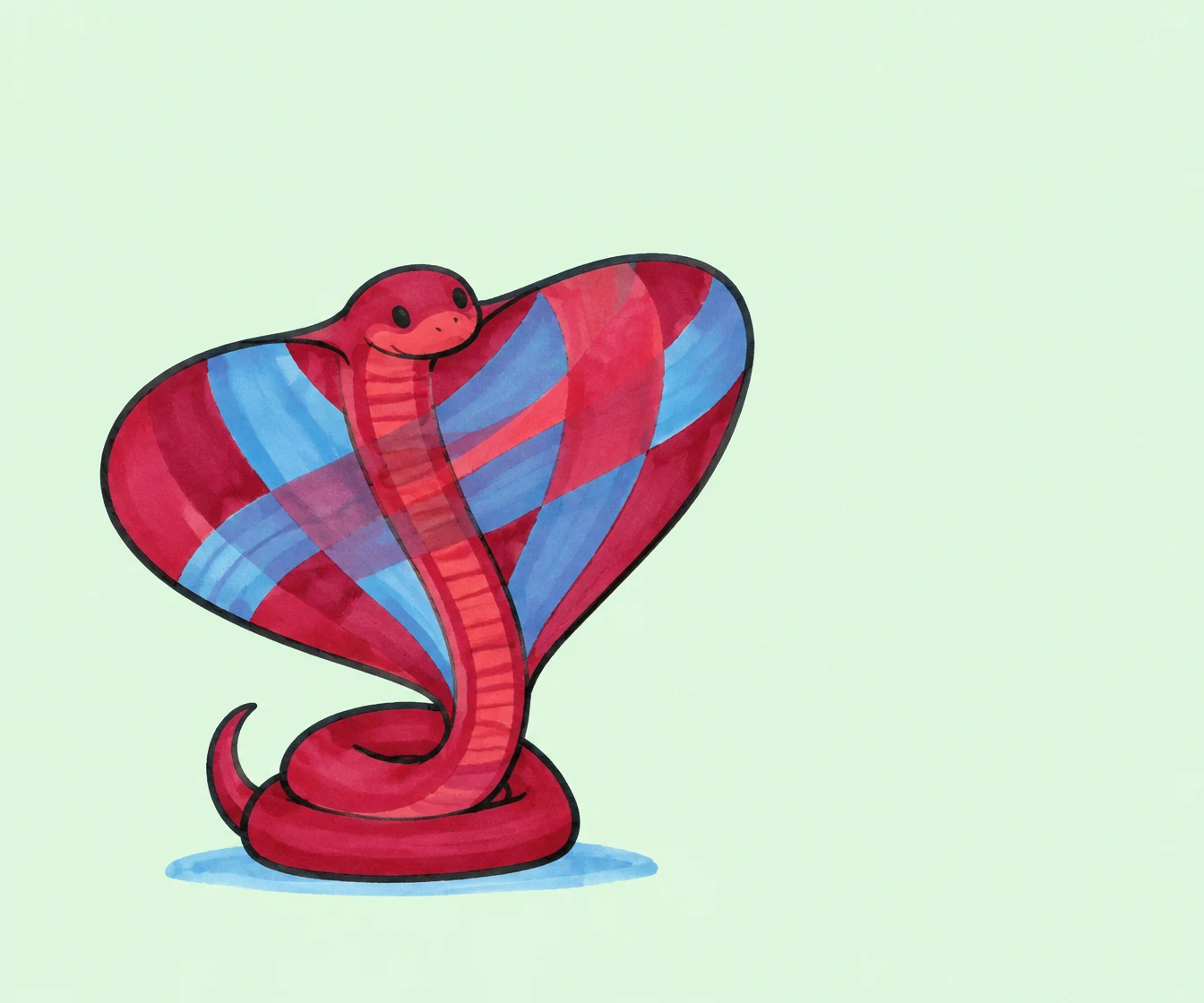 A hand-drawn crimson cobra with a large flared hood patterned in crossing sky-blue and red bands, coiled over a blue ground stroke on a pale mint background.