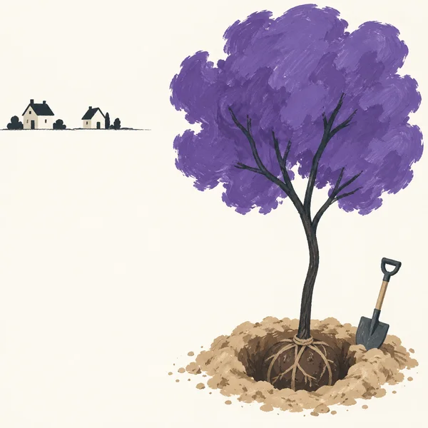 A large violet-canopied sapling stands in an oval planting hole with its root ball exposed, beside a leaning shovel; two small house silhouettes sit on the…