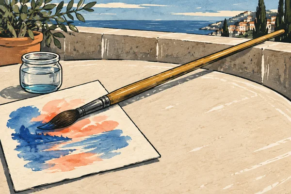 A very long ochre-handled paintbrush crosses a sheet of cream paper with a loose blue-and-coral wash on a sunlit terrace table; a small glass jar sits beside…
